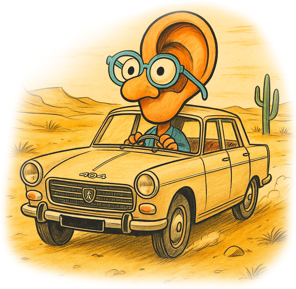 Oreille avec des lunettes et de gros yeux. au volant d'une Peugeaot 404